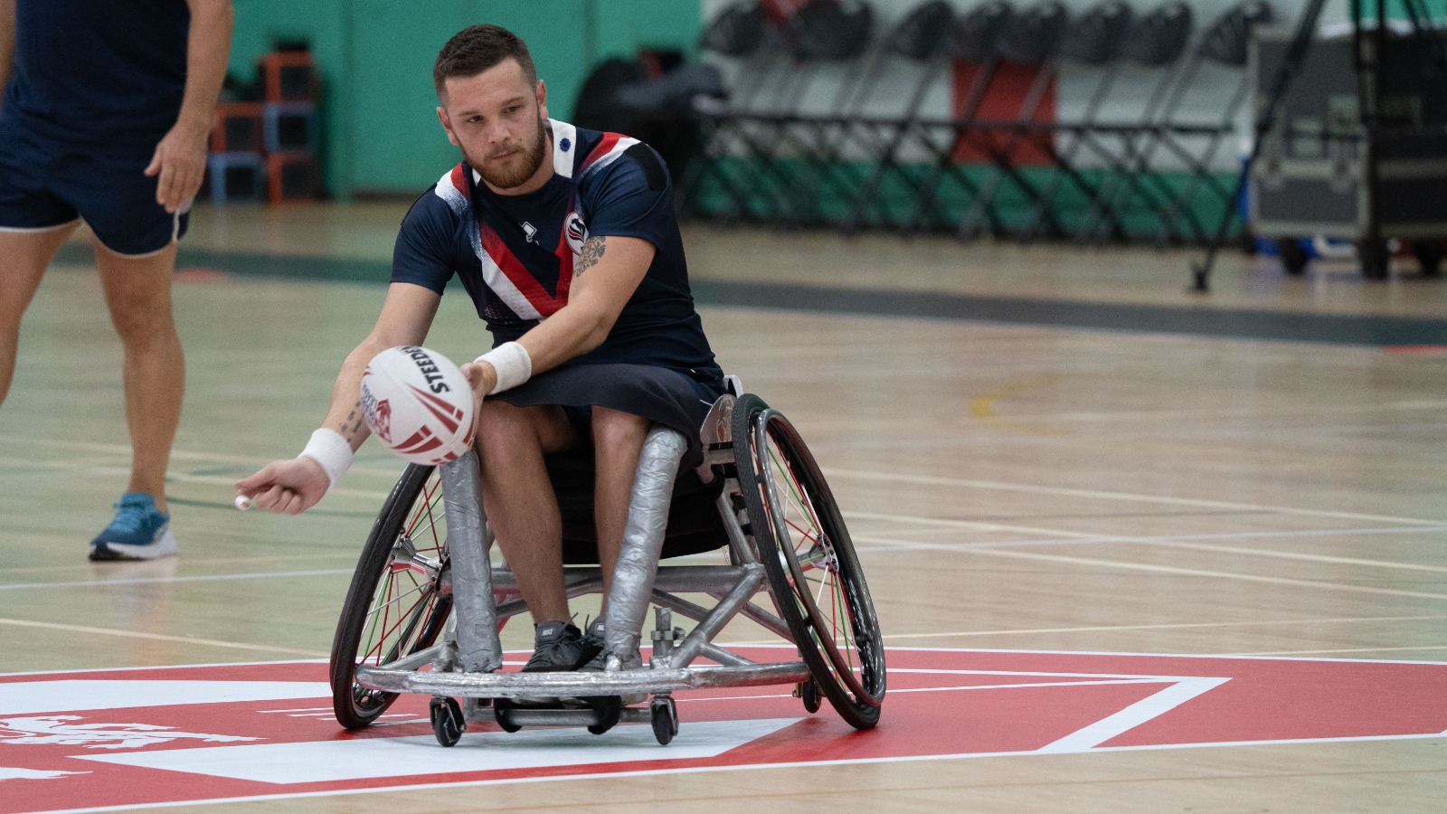 Picture by Will Palmer/SWpix.com – 10/11/2021 – Rugby League – Wheelchair International – England v France – Medway Park Sports Centre, Gillingham, England – Gilles Clausells (C) of France warms up before the match