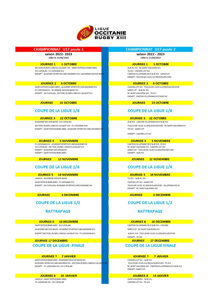 Les Calendriers des U15 à 9 U15 U17 pour la saison 20222023