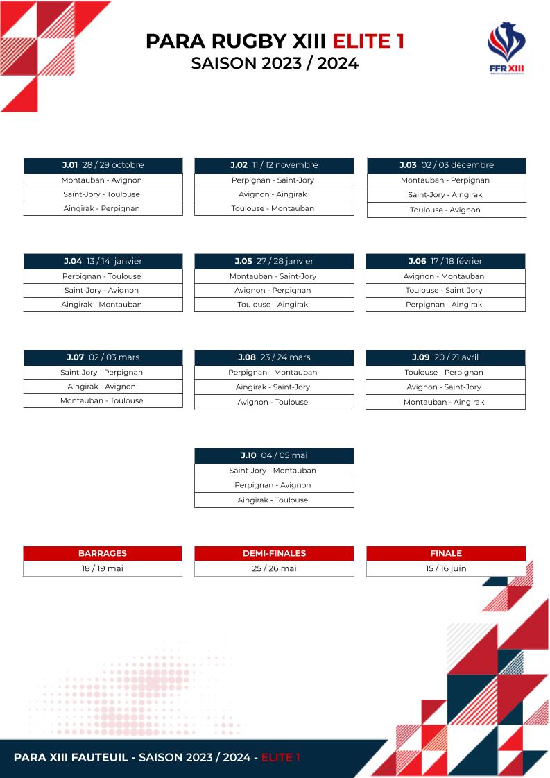 Para Rugby XIII : le calendrier Elite 1 saison 2023-2024 – Fédération  Française de Rugby à XIII